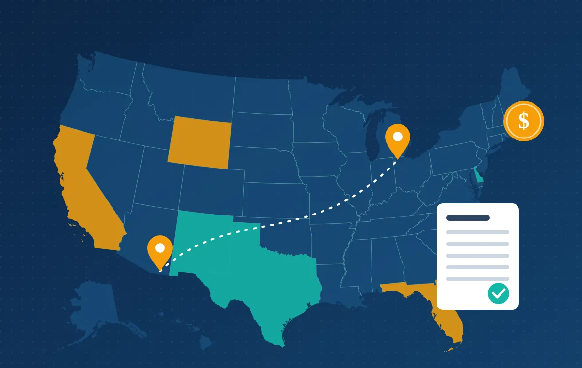 Illustrated US map with highlighted states, a route between two pins, and an approved filing document